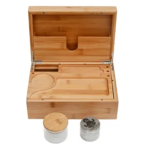 Large Bamboo Wooden Stash Box with Rolling Tray Weed Tray Kit with  Removable Divider Wood Storage