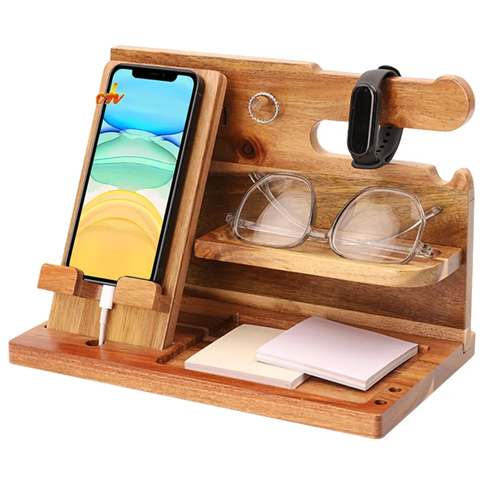 Wood Phone Docking Station Nightstand Organizer with Key Holder Wallet Stand and Watch Organizer Mens Gifts Idea for Dad Husband