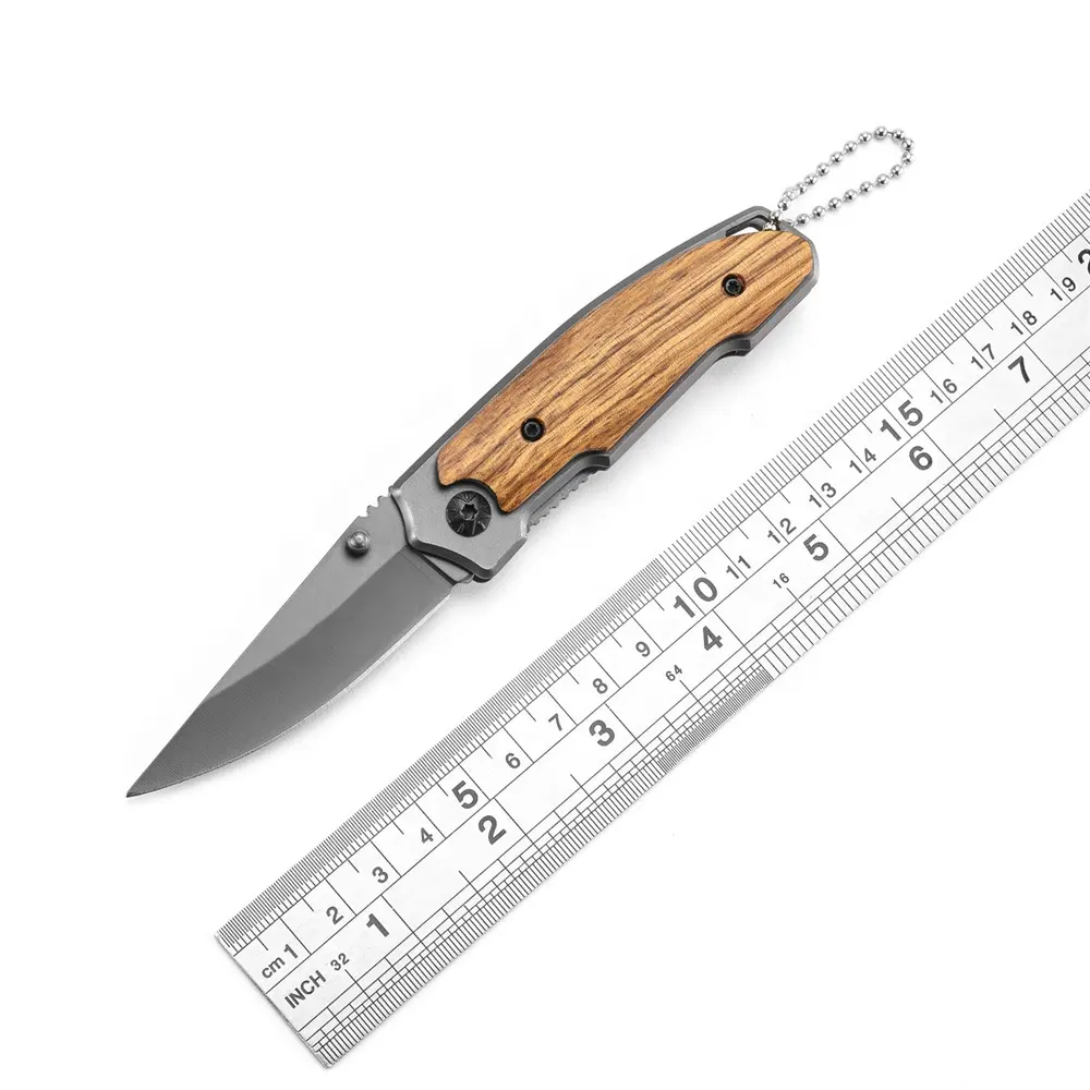 Portable Small Gift Stainless Steel Wood Handle Folding Pocket Knife with Keychain