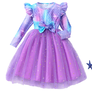 Nuevo Vestido de Fiesta para Niñas, Verano, Cuello Redondo, Manga Larga, Estilo Princesa, Línea A, Encaje con Flores, Ecológico, ODM, Poliéster, Largo hasta la Rodilla - Product Image 3