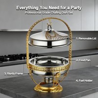 Plat à chafing en acier inoxydable 7L/7,4Qt, 42cm/16,5in avec support en dentelle dorée, crochet pour couvercle et fourneau de chauffage