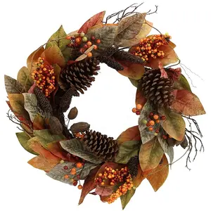 Faux magnólia folha de videira pinecones berry férias wreath