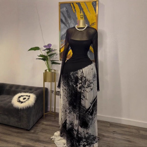 ชุดเดรสแม็กซี่แขนยาวผ้าตาข่ายสำหรับผู้หญิงชุดเดรสผ้าชีฟองพิมพ์ลายไม่สมมาตร - Product Image 1