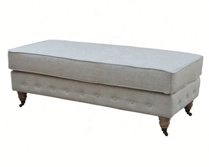 HL288 Nordic Rectangle French Style Solid Oak Fabric Covered Wooden Stool <strong>Caster</strong> <strong>Ottoman</strong> Bench Seat Chair Sofa Bed - Product Image 3