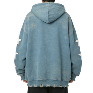 Sudadera con capucha personalizada con parche de estrella, estilo vintage, lavada y desgastada, con cremallera, para hombre, estilo urbano. - Product Image 2