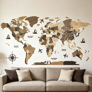 <span class=keywords><strong>Autocollant</strong></span> mural Art Déco en bois neutre pour anniversaire, avec carte du monde et motifs gravés des pays et de leurs capitales - Product Image 4