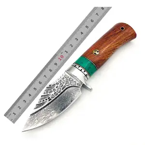 سكين صيد دمشقي صغير سن ثابت من الفولاذ المستقيم صناعة يدوية صناعة صينية باكستانية