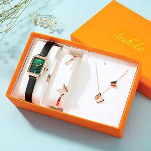 Set Jam Tangan Mode Tren Jam Tangan Emas Kecil Set Kotak Hadiah Termasuk Jam Tangan Kalung Cincin Gelang Anting