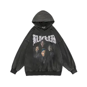 Distressed With Hood Stitching Men Vintage Acid Wash Terry Cloth Printing Heavy Thick Warm Silky Plain Black Hoodies
