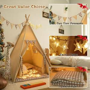 Imprimir Gingham Kids Play Tent Play House Toys Carpa tipi para niños pequeños con alfombrilla acolchada Bunting Banner Fairy Lights - Product Image 2
