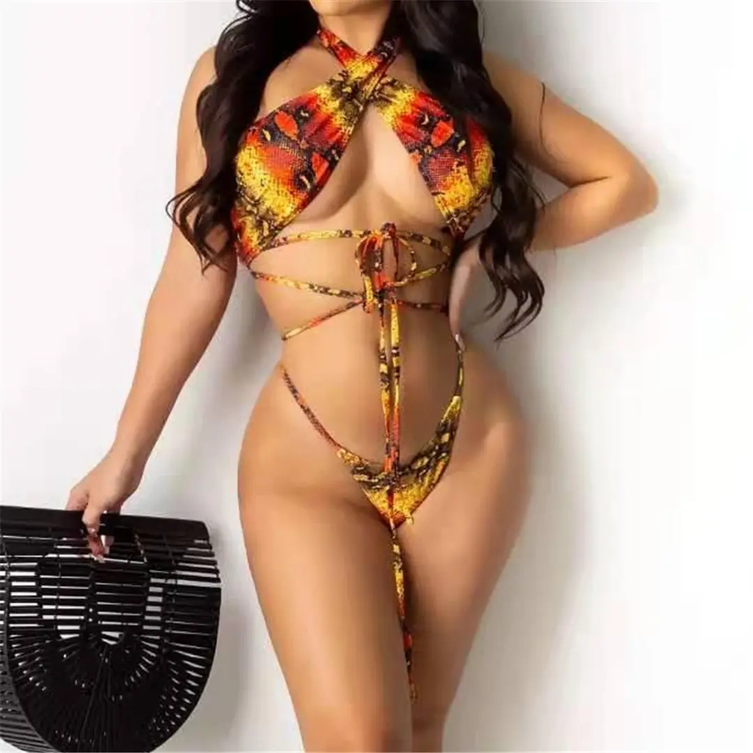 Bikini con estampado de serpiente para mujer, traje de baño Sexy con tirantes y espalda descubierta, con cuello Halter cruzado, con Tanga, de último diseño