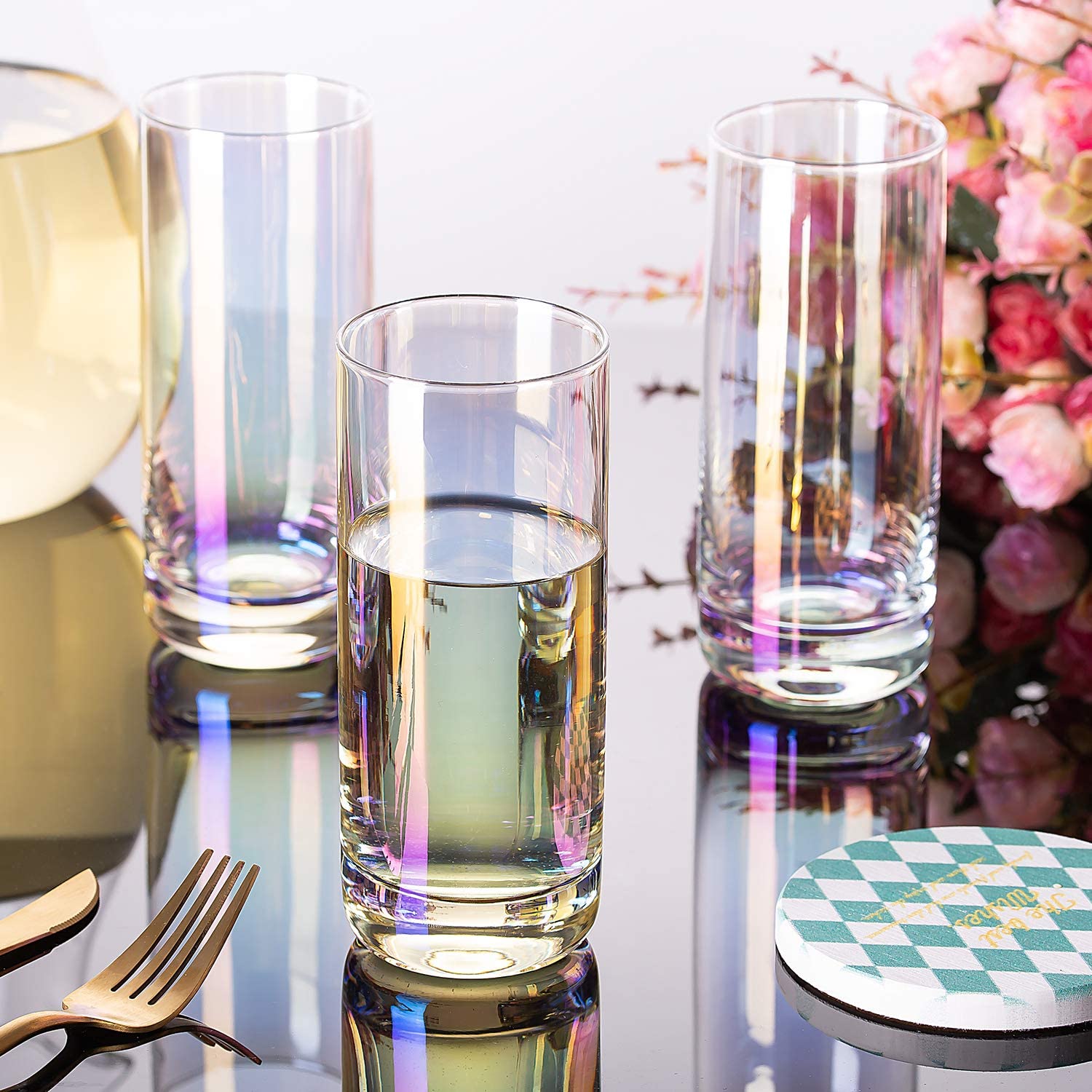 13 Ounce Iridescent Highball Drinking Glass Cylindrical Shape for Water  Beverage Juice Wine,Beer, and Cocktail