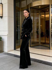 Womens Velvet Two Piece Suit Double Breasted <b>Blazer</b> and Flare Pants Elegant Slim Fit Formal <b>Set</b> - Product Image 5