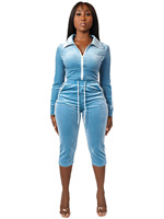 Ensemble pantalon capri en velours à col rabattu et cordon de serrage pour femme, survêtement tendance à fermeture éclair, patchwork rayé, collection Printemps 2027