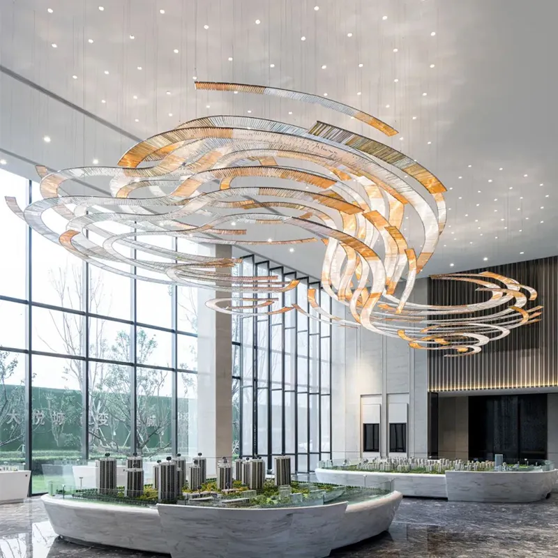 Lâmpadas personalizadas para lobby, luzes pendentes luxuosas para interior, lustres com fita de cristal LED 80, para escritórios, hotel, recepção, clube, recepção