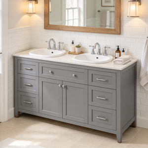 Mueble de Baño Independiente Gris, Mueble de Baño de Madera Maciza con Lavabo Doble, con Múltiples Cajones y Puertas - Product Image 4