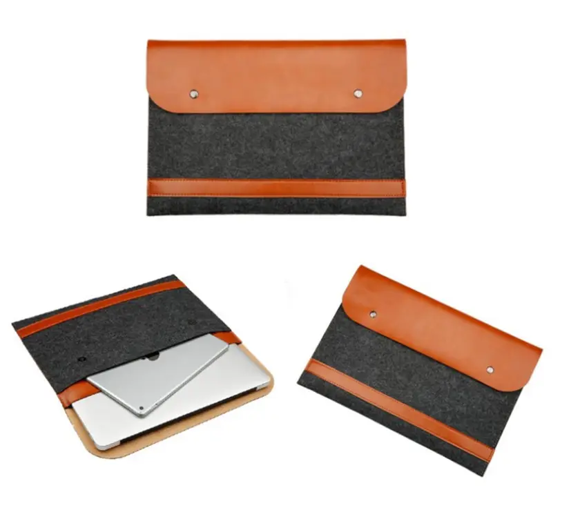 custom logo Wool Felt Laptop Sleeve Case Leather Bag with Button for 13.3 14 15.6 inch Notebook