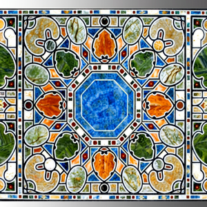 Table en marbre carrée avec incrustations de os, présentant un octogone bleu central entouré de carreaux géométriques verts, orange et beige. - Product Image 1