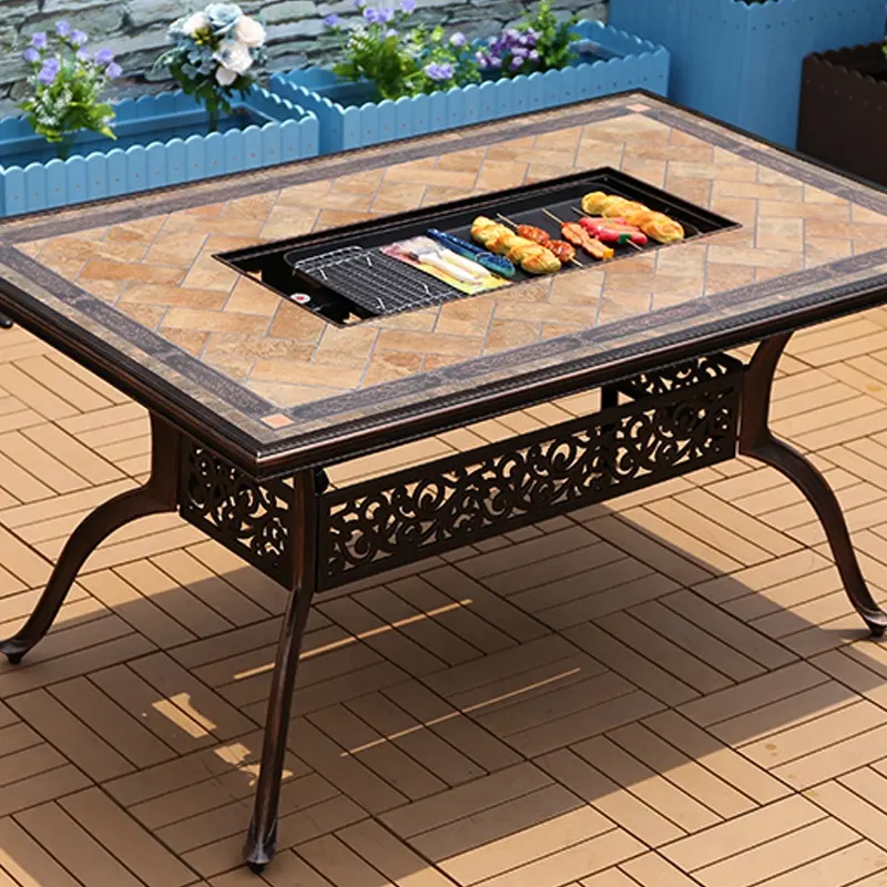 OEM Outdoor Restaurant 6 chairs dining table ceramic tile Electric grills Korean BBQ Grill Tables bbq table outdoor