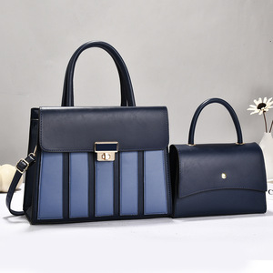 Two Piece Handbag <b>Set</b> Leather Look Tote <b>Bag</b> <b>and</b> Shoulder <b>Bag</b> Blue Stripe Office Daily <b>Purse</b> - Product Image 1