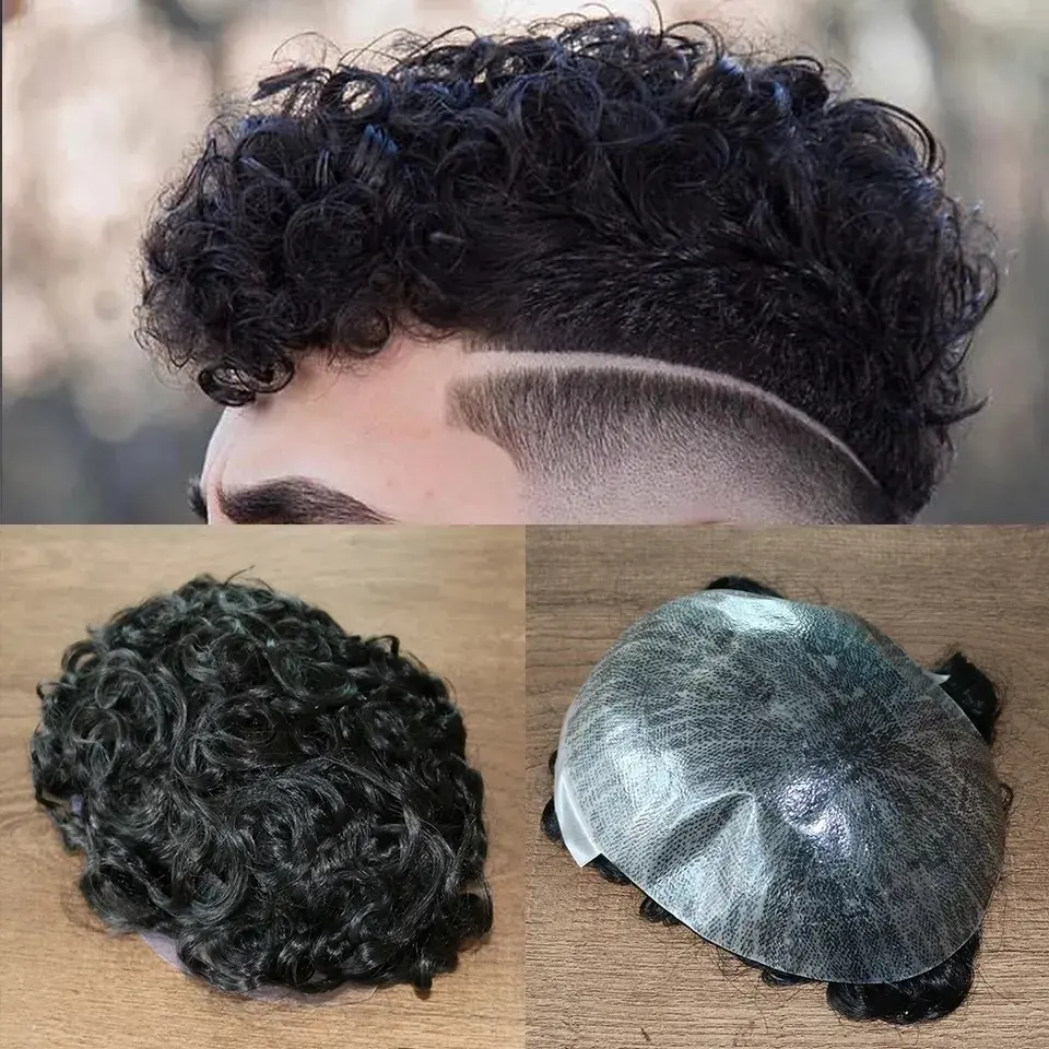 Einheit Großhandels preis Langlebige Voll-PU-Haut Echthaar Toupee für Männer Curly Fashion Brown Indian Echthaar Prothese Kapillare