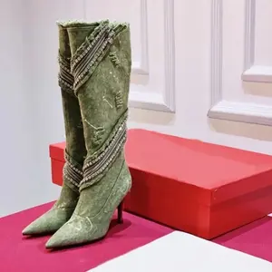 Military Green Retro Distressed Denim Knee High Boots Rotating Zipper Rhinestone/pocket Walk Show Pointed High Heels Long Boots