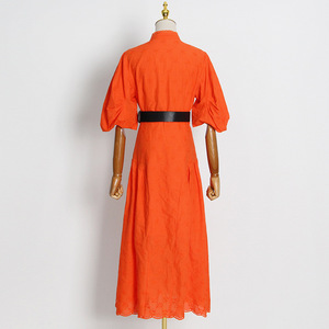 Ropa Por Mayor Retro Court Style Vestido sólido 2022 Otoño Nuevo Stand-up Collar Hollow Manga larga Puff Manga A-line Vestido - Product Image 6