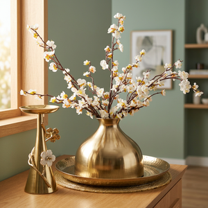 Vase à fleurs en métal doré de luxe avec tiges de fleurs de cerisier artificielles, centre de table décoratif pour la décoration de la maison - Product Image 3