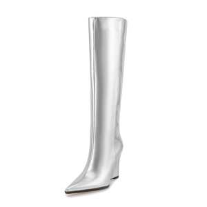 Silver Long <strong>Boots</strong> 2023 Autumn Winter Sexy Pointed Toe Fashion Wedges <strong>Women</strong> Shoes Elegant High Heels Knee High <strong>Boots</strong> Big Size 45 - Product Image 2