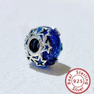 Breloques en argent sterling 925 pour bracelets à breloques, vente en gros originale, fermoir rond, perles en verre de Murano bleues, HaYa PAN-23, tendance unisexe - Product Image 2