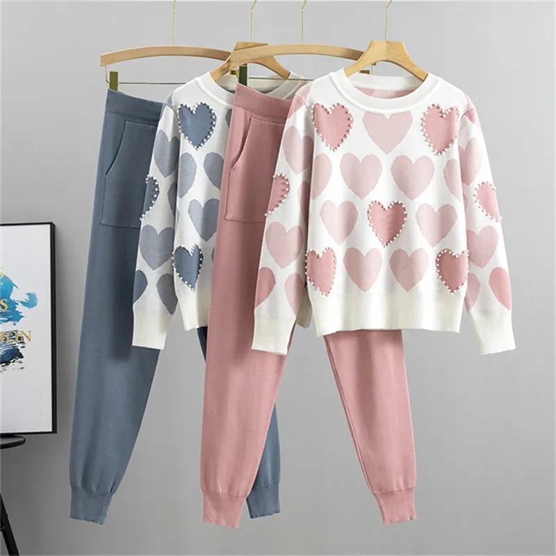 Girl's Heart Bead Knitted Set Women's Autumn Style Fashion Academy Style Sweater+Pants Two Piece Set