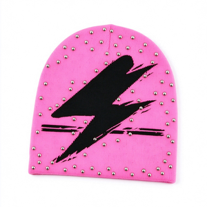 Bonnet tricoté rose clouté pour femme, motif éclair Y2K, chaud pour l'hiver, style décontracté, streetwear, casquette ajustée - Product Image 4