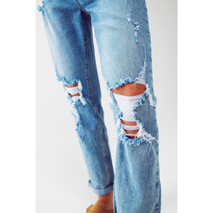 Jean droit déchiré aux genoux en denim bleu clair - Product Image 3