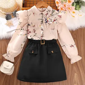 Kids Casual Clothing Sets Outfits for Girls Autumn 2022 New Child Long Sleeve Ruffle Collar Floral Blouse Skirts Sets