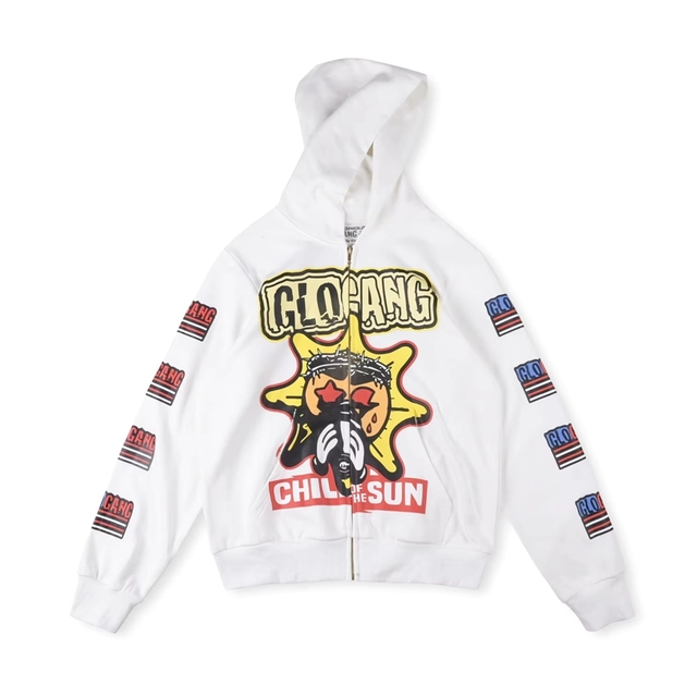Glo Gang Boyz Worldwide Winter Woven Print Cardigan Hoodie Designer Best Quality White 100% Cotton for Men and Women