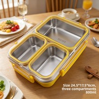 Boîte à lunch en acier inoxydable 304 à trois compartiments avec couvercle anti-accrochage, pour réfrigérateur, conservation des saveurs, capacité 800-1000 ml
