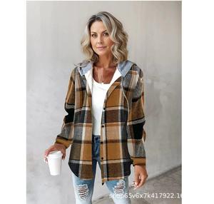 Nouvelle veste décontractée à capuche longue à carreaux teints pour femme, style européen et américain, collection automne-hiver 2025 - Product Image 6
