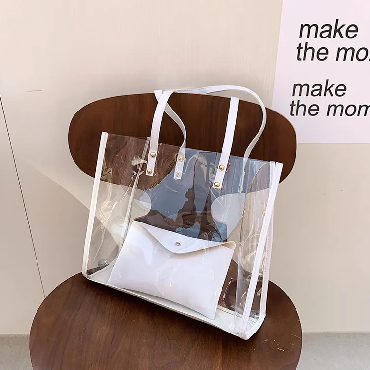 Vente en gros de sac fourre-tout personnalisé Ensemble sac à main avec pochette intérieure en plastique transparent tendance pour femmes sac à main en PVC transparent