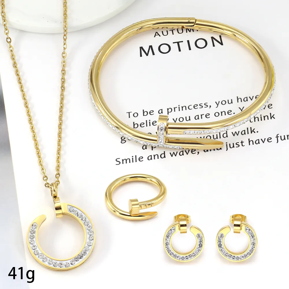 Fashion 18k Gold Plated Stainless Steel Adjustable Jewelry Set Women Nail Ring Bracelet Shinestone Jewelry Set