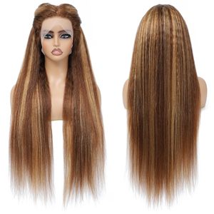 Highlight <span class=keywords><strong>Ombre</strong></span> Kinky Straight 13x4 HD Perruques frontales en dentelle Yaki pré-plumées <span class=keywords><strong>Cheveux</strong></span> humains pour femmes noires P427 Couleur blonde miel - Product Image 3