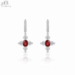 Nueva llegada: Pendientes de aro colgantes de oro blanco macizo de 18 quilates con rubí rojo vivo natural y diamantes, estilo eduardiano, para mujer. - Product Image 1