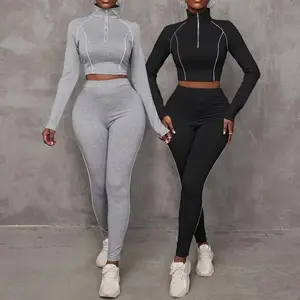 contrast piping raglan sleeve half zip top skinny pants tracksuits outfits 2 piece jogger fitness set female women's sweatsuits