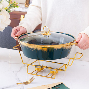 Olla de Cerámica Redonda Dorada de Lujo <span class=keywords><strong>para</strong></span> Buffet, Calentador de Comida, Olla <span class=keywords><strong>para</strong></span> Sopa, Olla <span class=keywords><strong>para</strong></span> Caldos con Soporte Dorado - Product Image 5