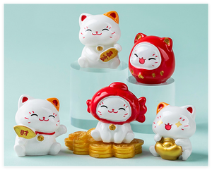 3D Cute Miniature Lucky Cat with Gold <strong>Coin</strong> &amp; Red Fish Chinese New Year Decorative Figurine Resin Crafts Mini Toys in Blind Bag - Product Image 4