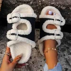 One line buckle lamb hair slippers 2023 new versatile plush plush slippers with plush color matching for external wear slippers