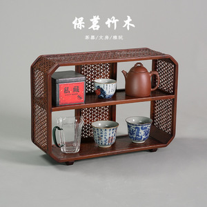 Étagère de présentation antique en bambou tressé laqué, support de rangement pour service à thé, ornement rétro multi-compartiments pour salon de thé, surplus de stock. - Product Image 1