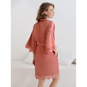 Sioro - Kimono Corto de Seda para Mujer, Cuello en V, Manga Tres Cuartos, Satén con Encaje, Cintura Ajustable, para Bodas, Fiestas, Damas de Honor, Camisón - Product Image 4