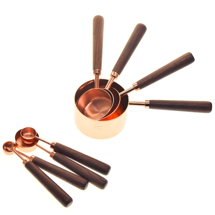 Metal stainless steel solid scoop brass copper rose gold round narrow measuring cup and spoon set with wooden handle