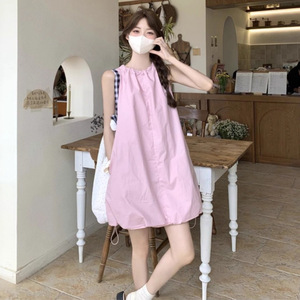 Pink Sleeveless Camisole Dress Loose Waist Breathable Summer Beach Cover Up For Women Solid Color Simple Style - Product Image 4