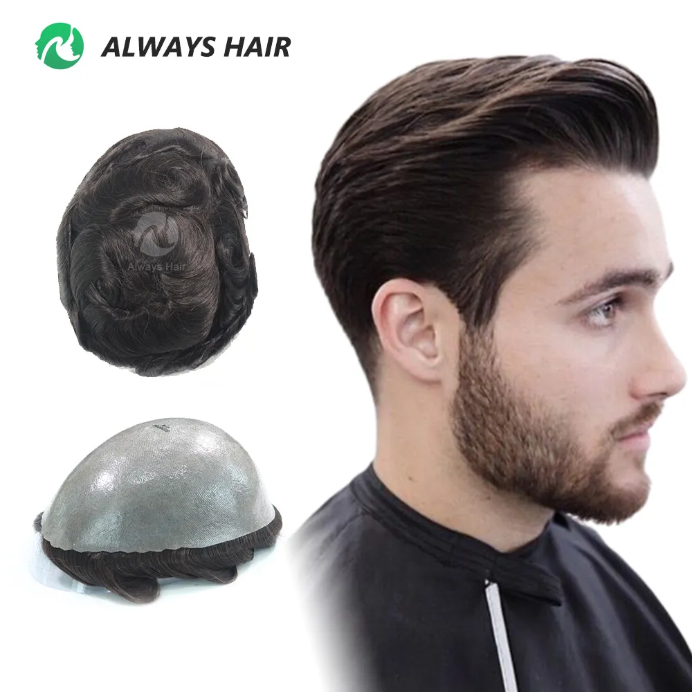 Alwayshair - High Standard Durable 0.12-0.14mm Peau PU Cheveux Humains Hommes Toupet Prothèse de Cheveux de Densité Moyenne pour les vieux Hommes